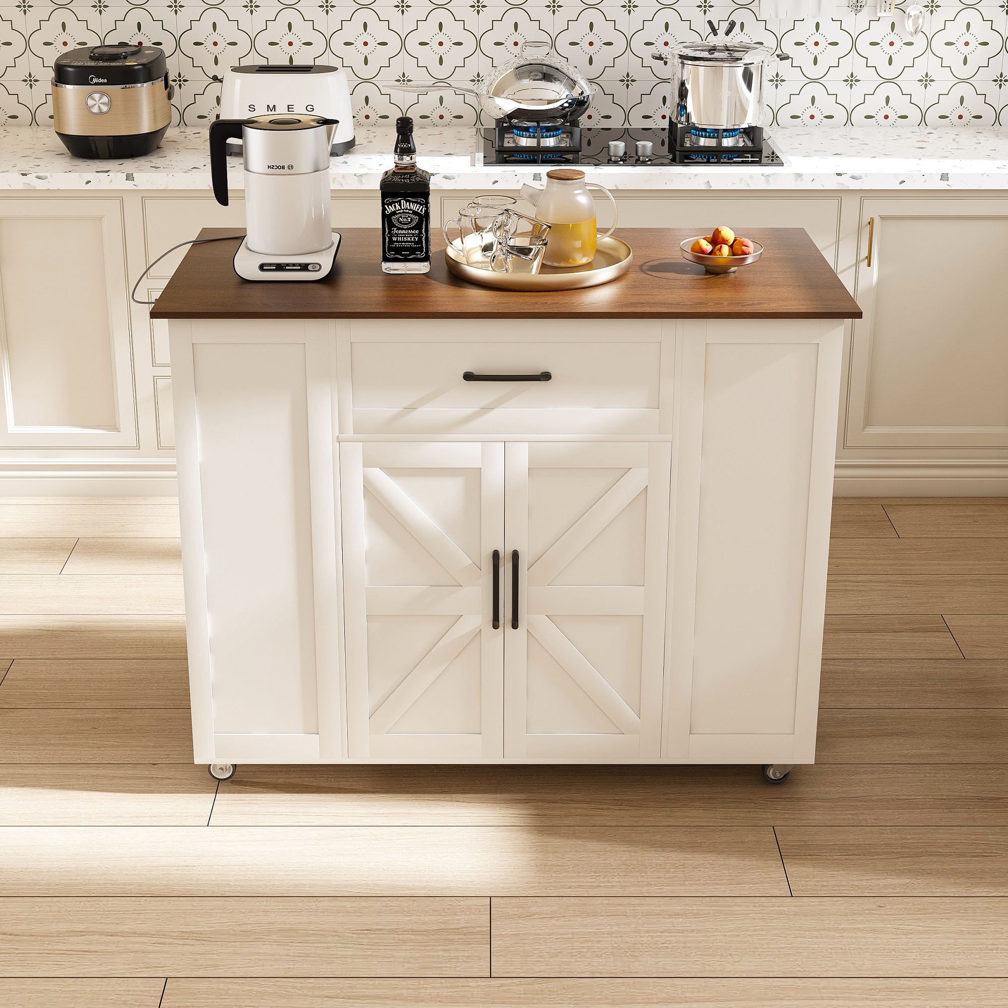 46' Kitchen Island on Wheels with Storage & Power Outlet - Movable Rustic Breakfast Bar Table, Wood Top with Adjustable Shelf & Drawer for Kitchen Dining Living Room, White - Grand Goldman Shop