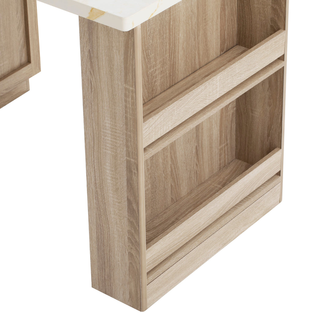 K&K 82.6' Fluted Kitchen Island with Extendable Dining Table for 4-6, Island Table for Kitchen with Power Outlet, Kitchen Table with Double-Side Storage, 2 Drawers 2 Side Open Shelves, Natural - Grand Goldman Shop