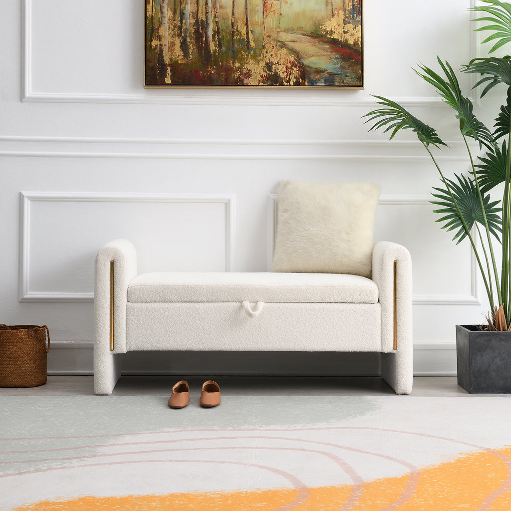 Modern Teddy Bed End Bench with Arms and Storage, Upholstered Large Foot Rest Stool, Cream Plywood, 52.3 x 18.5 x 24.4 inches - Grand Goldman Shop