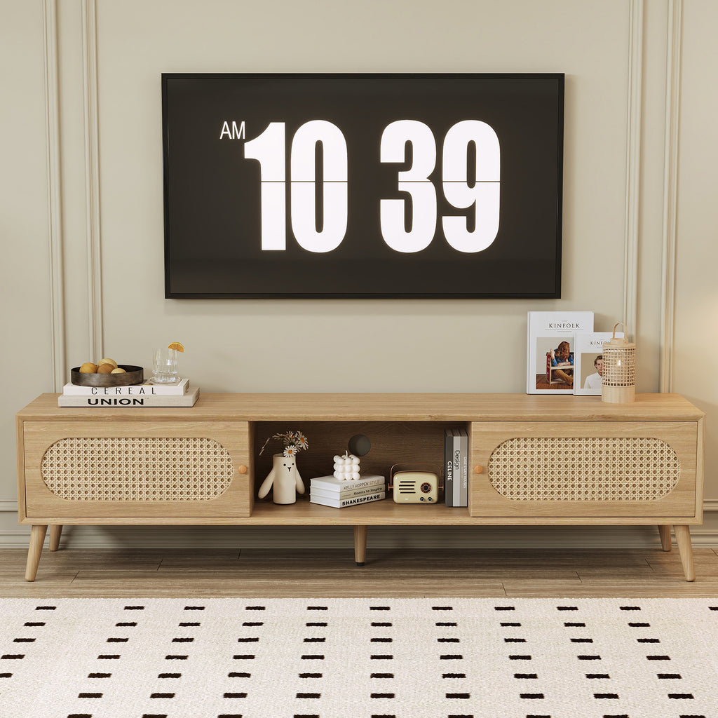 Boho TV Stand for TVs up to 80'', Modern Farmhouse Media Console with Solid Wood Legs, Natural Wood Finish, MDF Cabinet, 70.8''L x 15.7''W x 17.7''H - Grand Goldman Shop