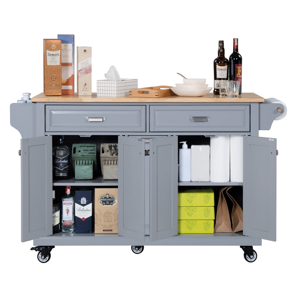 Kitchen Island with Rubber wood Countertop, Kitchen Cart on 5 Wheels with Storage Cabinet and 2 Top Drawers and A center double layered storage drawer for Dinning Room, Grey - Grand Goldman Shop