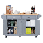 Kitchen Island with Rubber wood Countertop, Kitchen Cart on 5 Wheels with Storage Cabinet and 2 Top Drawers and A center double layered storage drawer for Dinning Room, Grey - Grand Goldman Shop