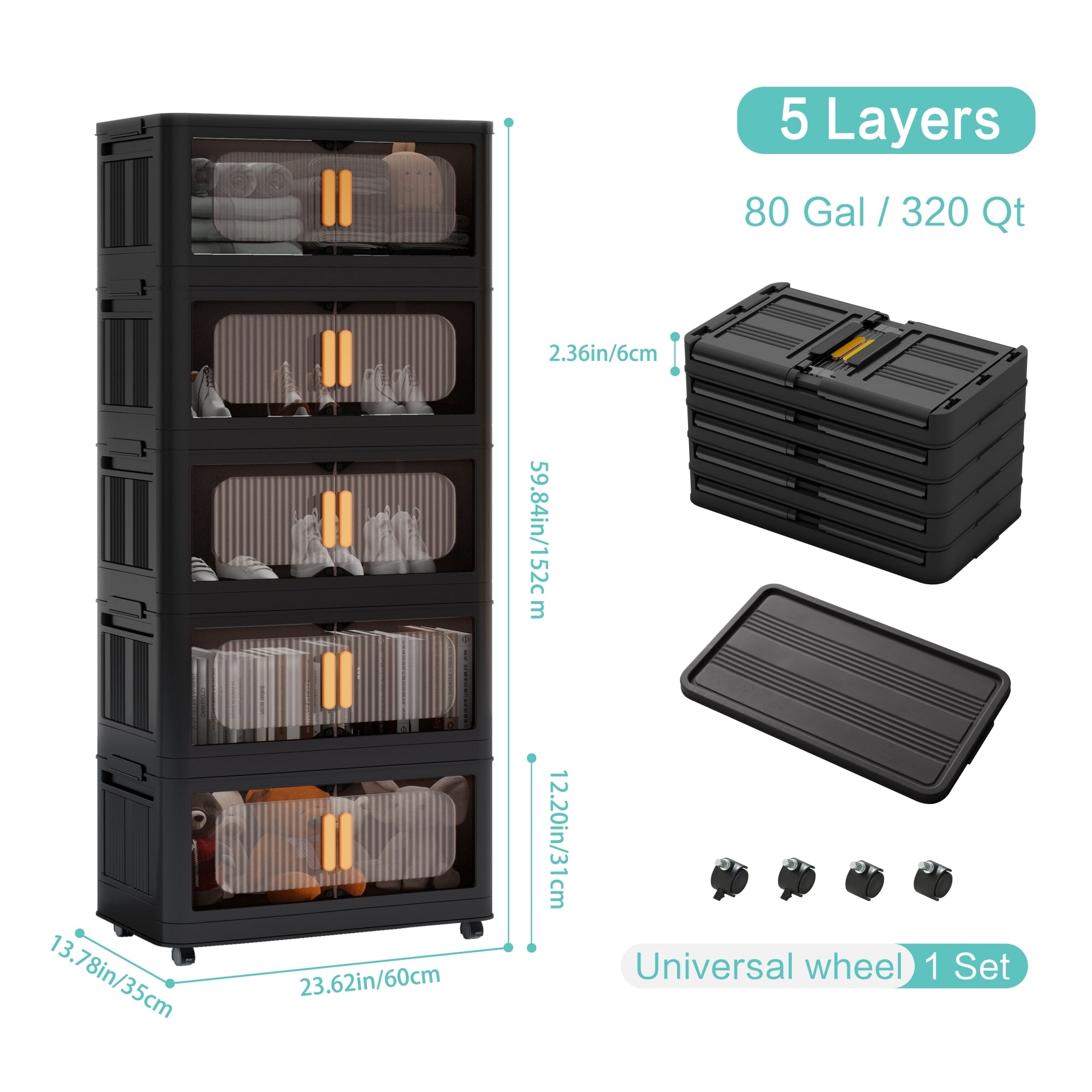 Folding Storage Cabinet 5-Tier 24-Inch Wide Black Plastic with Magnetic Doors and Wheels - Grand Goldman Shop