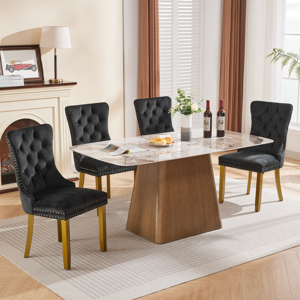 Mid-Century Modern Chairs with Lion Head Pull Ring,High-end Tufted Solid Wood Contemporary Velvet Upholstered Dining Chair with Golden Wooden Legs Nailhead Trim 2-Pcs Set,Black,SW1201BK - Grand Goldman Shop