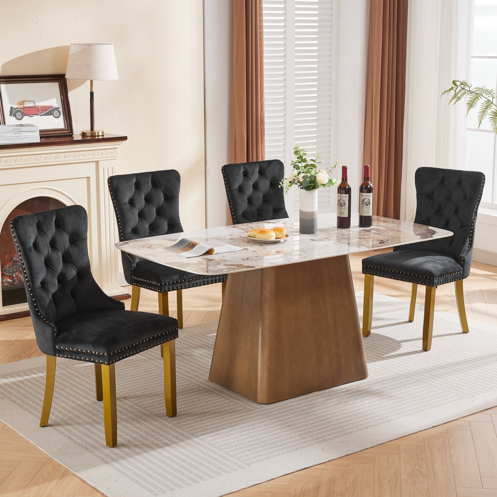 Mid-Century Modern Chairs with Lion Head Pull Ring,High-end Tufted Solid Wood Contemporary Velvet Upholstered Dining Chair with Golden Wooden Legs Nailhead Trim 2-Pcs Set,Black,SW1201BK - Grand Goldman Shop