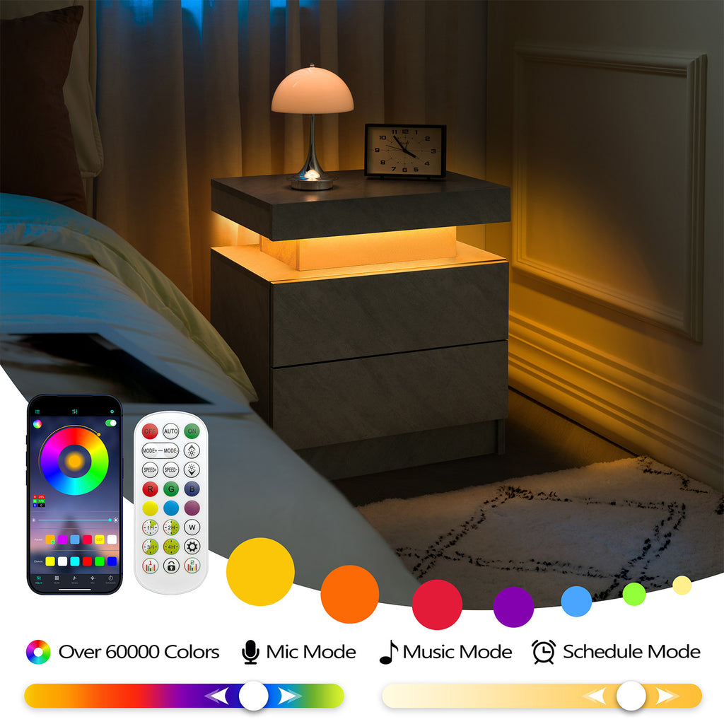 Nightstand LED Bedside Table Cabinet Lights Modern End Side with 2 Drawers for Bedroom (Deep Gray) - Grand Goldman Shop