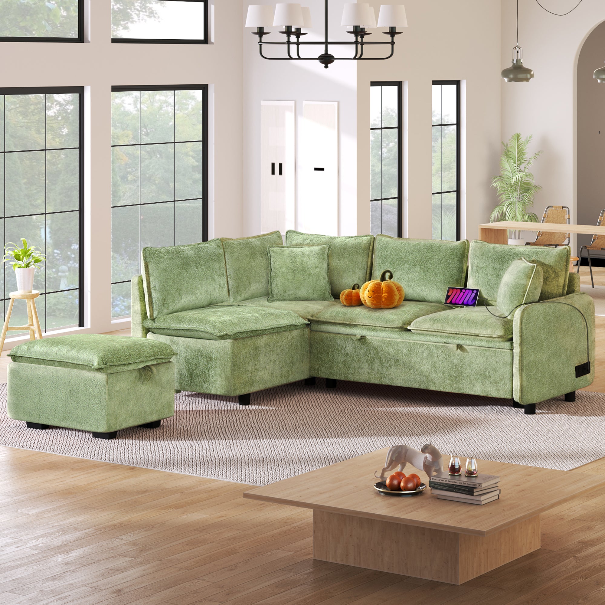 Convertible Sofa Bed Sectional Sofa Sleeper with Storage Ottoman, Green Chenille, 82.67 inches - Grand Goldman Shop