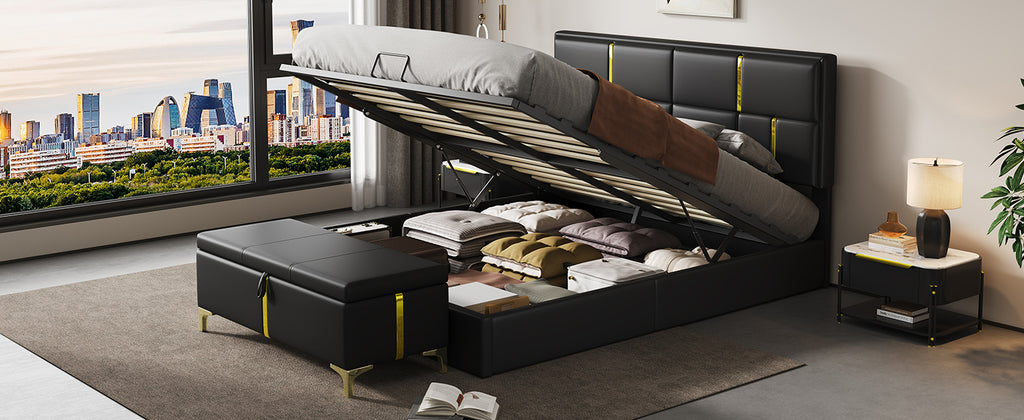 2-Pieces Bedroom Sets,Queen Size Upholstered Platform Bed with Hydraulic Storage System,Storage Ottoman with Metal Legs,Black(Old SKU:N733S207778B) - Grand Goldman Shop