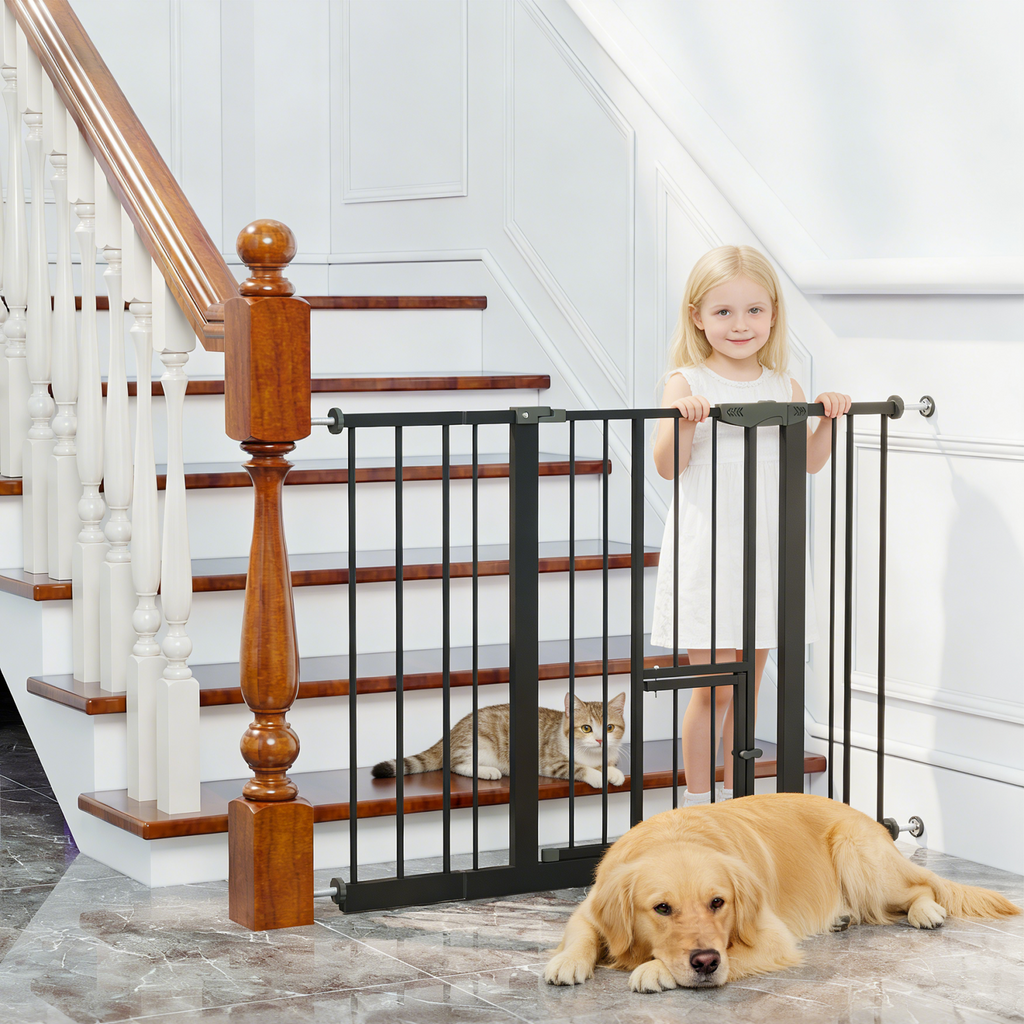Baby Gate with Cat Door, 29.5-44.1' Metal Pet Door for Stairs & Doorways,Pressure Mounted,No Tools Needed, Black - Grand Gold