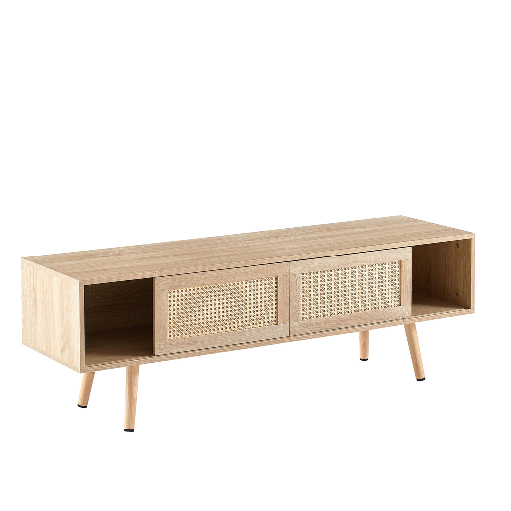 Natural Rattan TV Cabinet with Double Sliding Doors, Adjustable Shelf, Solid Wood Legs, 55.12 Inches - Grand Goldman Shop