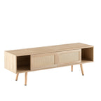 Natural Rattan TV Cabinet with Double Sliding Doors, Adjustable Shelf, Solid Wood Legs, 55.12 Inches - Grand Goldman Shop