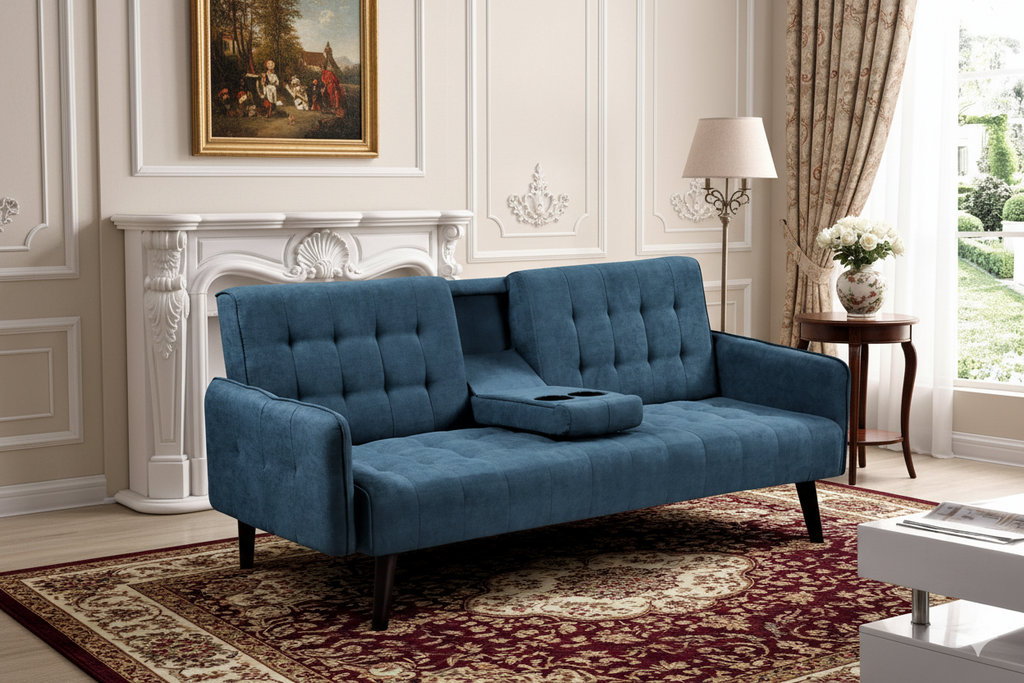 72' Sleeper Sofa Bed - Convertible Folding Backrest to Full Bed with Cup Holder & Drop-Down Table - Space Saving Linen Sofa for Small Spaces - Easy Assembly, Blue - Grand Goldman Shop