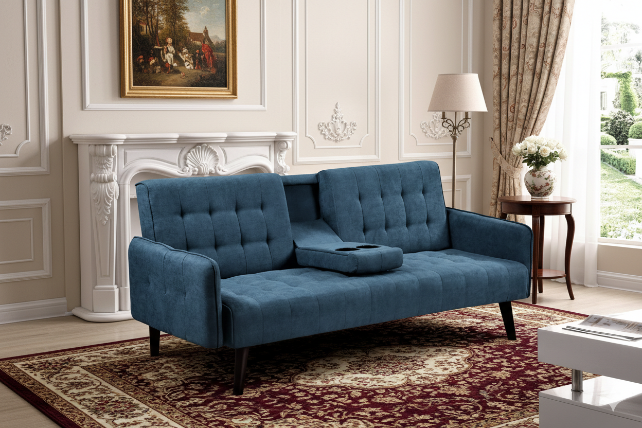 72' Sleeper Sofa Bed - Convertible Folding Backrest to Full Bed with Cup Holder & Drop-Down Table - Space Saving Linen Sofa for Small Spaces - Easy Assembly, Blue - Grand Goldman Shop