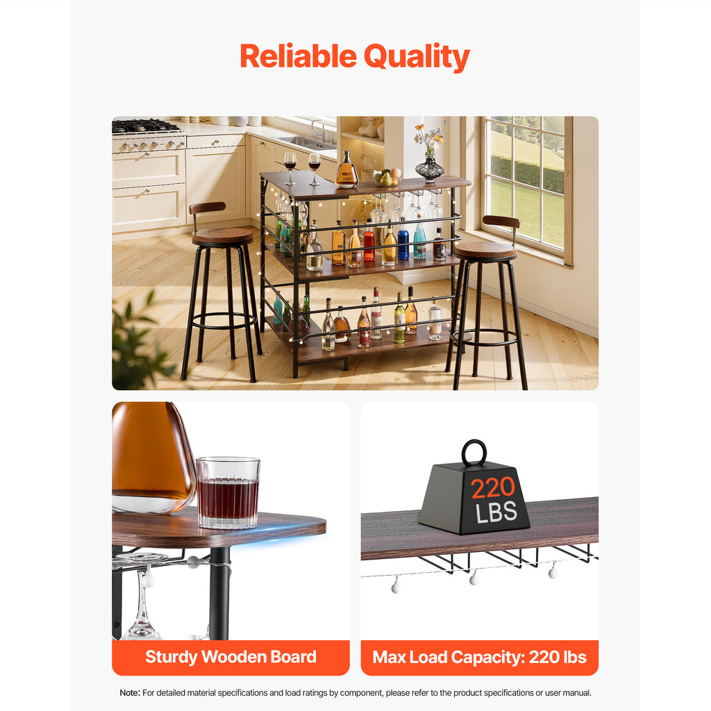 Home Bar Unit, L-Shaped Wine Bar Cabinet Table 3-Tier with Storage Shelves, Adjustable Foot Pads, LED Light, Walnut Finish & Metal Frame Liquor Cabinet for Home, Kitchen,Living Room,Pub,Basement - Grand Goldman Shop