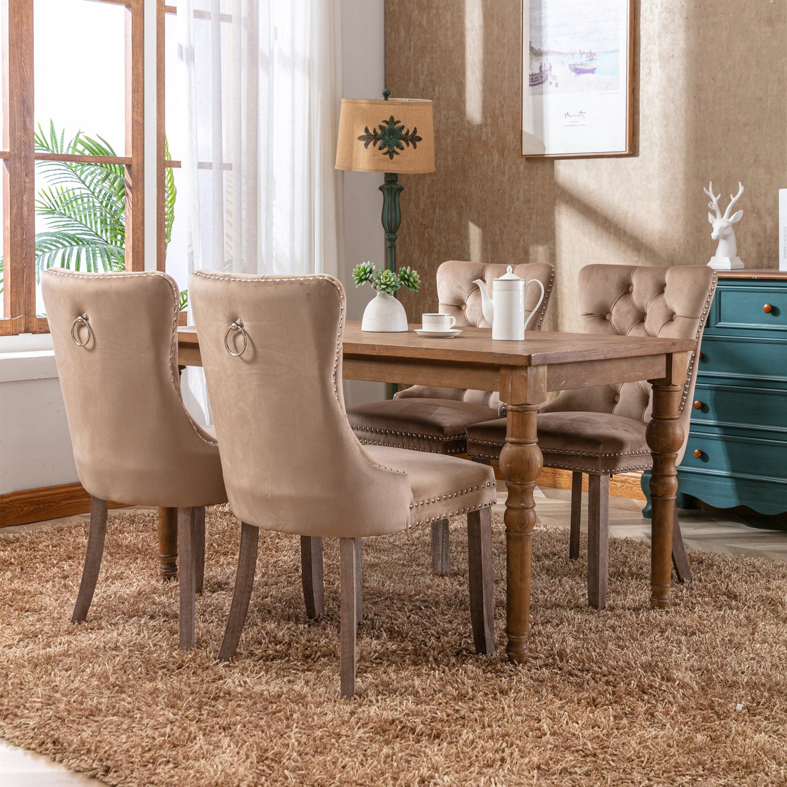 Nikki Collection Modern, High-end Tufted Solid Wood Contemporary Velvet Upholstered Dining Chair with Wood Legs Nailhead Trim 2-Pcs Set, Khaki, SW2001KK - Grand Goldman Shop