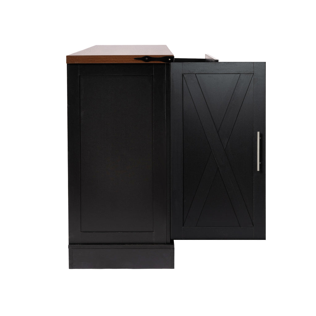 Black Farmhouse Barn Door Storage Cabinet with 2 Drawers & Door Rack, Adjustable Shelves, MDF Construction, 63.11' L x 15.75' W x 32.09' H - Grand Goldman Shop