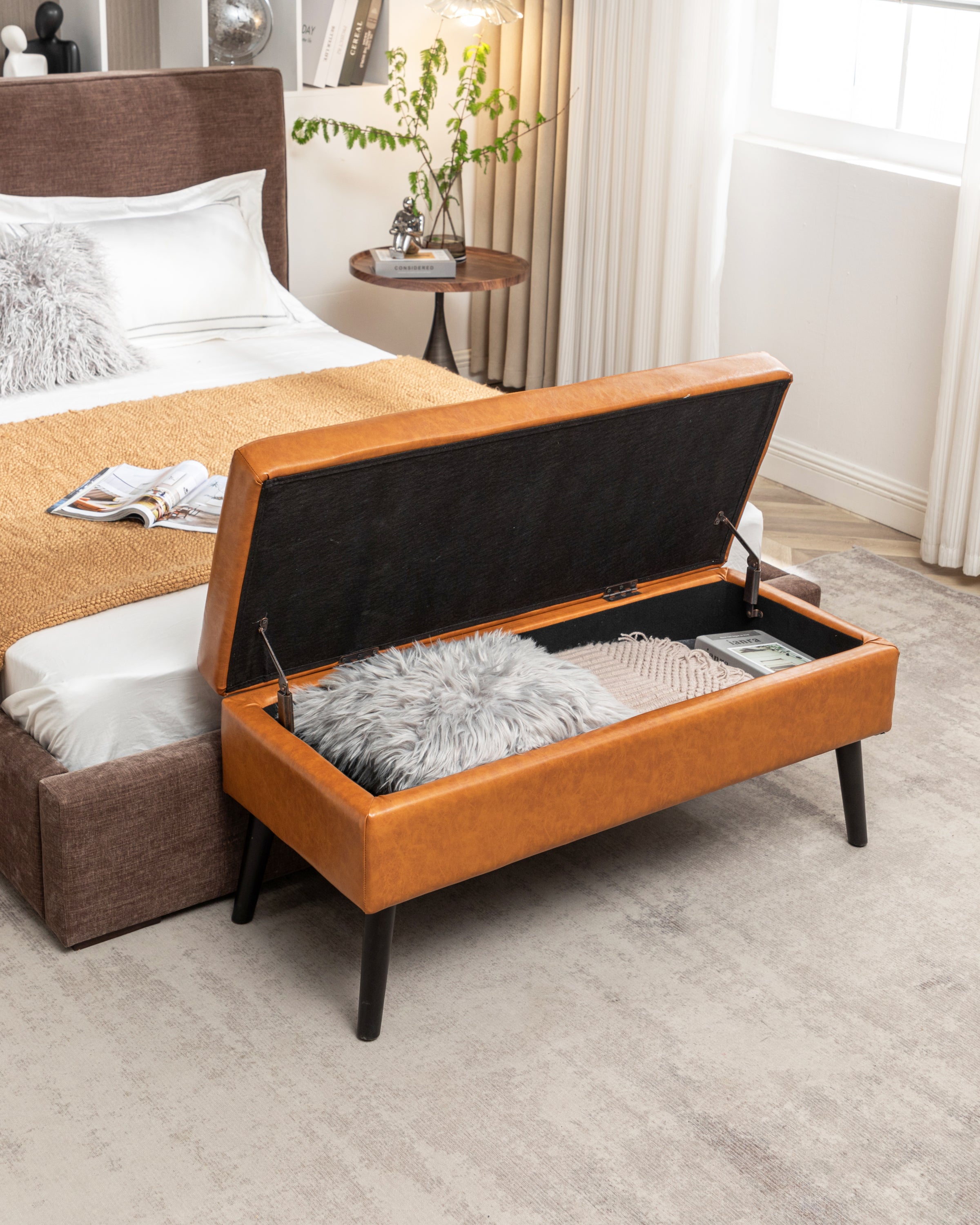 Storage Bench with Storage Bench for Bedroom End of Bed Bench Foot of Bed Bench Entryway Bench Storage Ottoman Bench 43.3' W x 17.7' Brown Leather Bench - Grand Goldman Shop