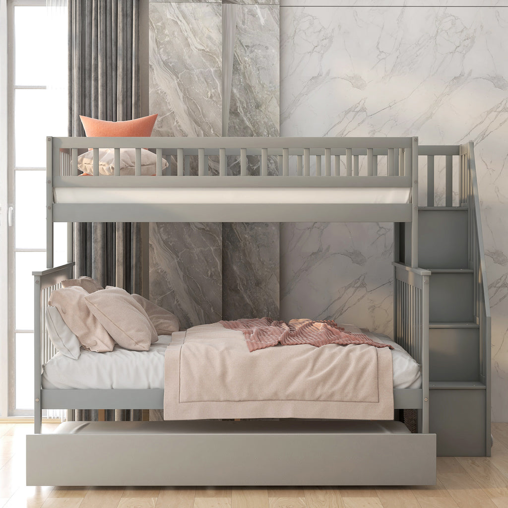 Spacey Twin over Full Bunk Bed with Trundle and Staircase, Grey - Grand Goldman Shop
