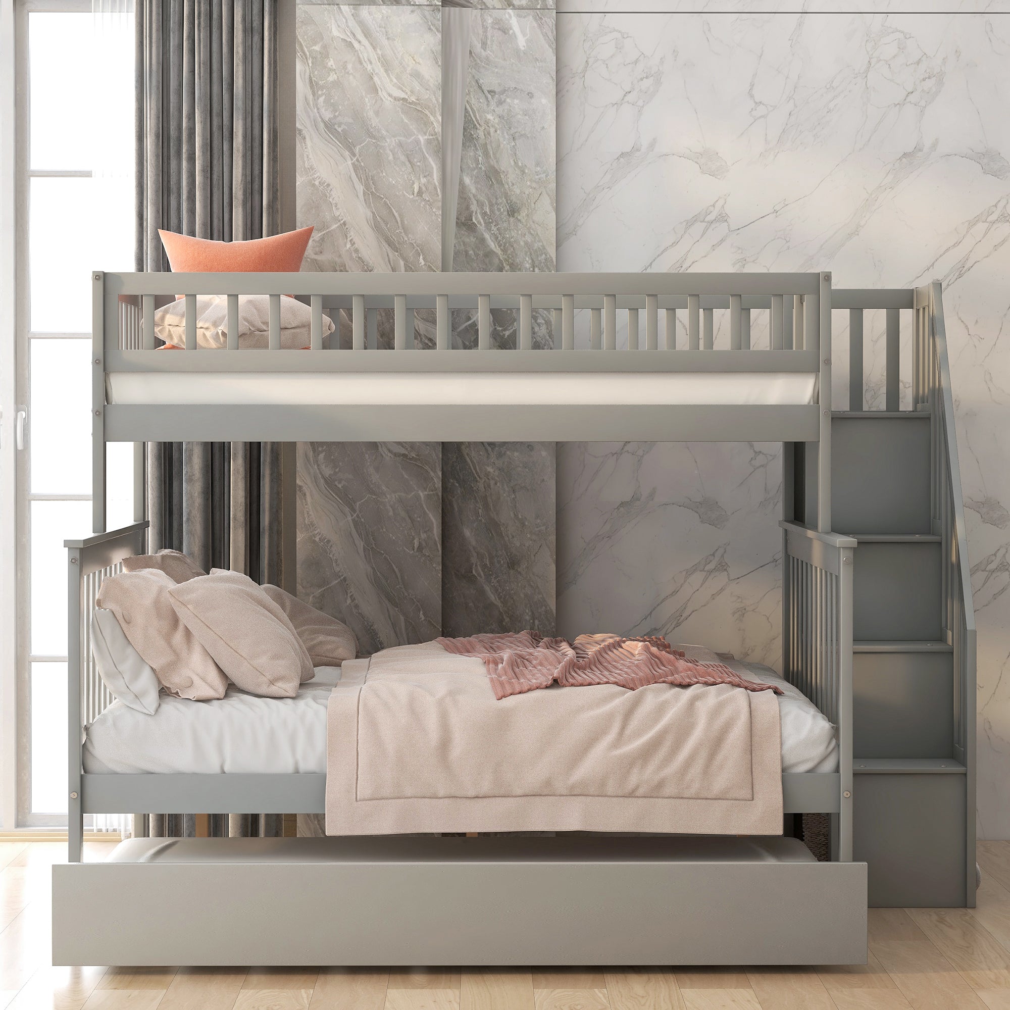 Spacey Twin over Full Bunk Bed with Trundle and Staircase, Grey - Grand Goldman Shop