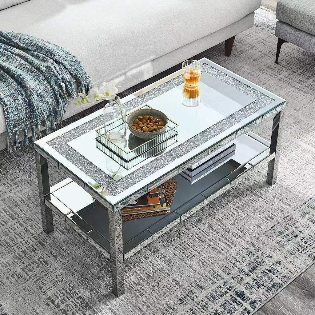 W 39.5' X D 19.5'X H 19.5' 2-layer crystal mirror stainless steel frame coffee table for use in offices, shops, living rooms, or bedrooms - Grand Goldman Shop