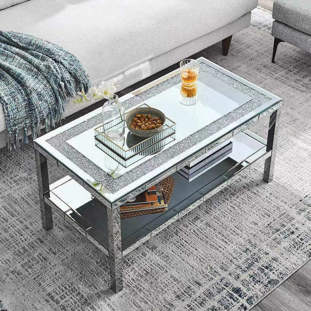 W 39.5' X D 19.5'X H 19.5' 2-layer crystal mirror stainless steel frame coffee table for use in offices, shops, living rooms, or bedrooms - Grand Goldman Shop
