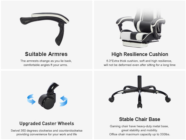 Gaming Chair with Footrest, Ergonomic Computer Chair with Headrest and Lumbar Support, Breathable Material Height Adjustable 