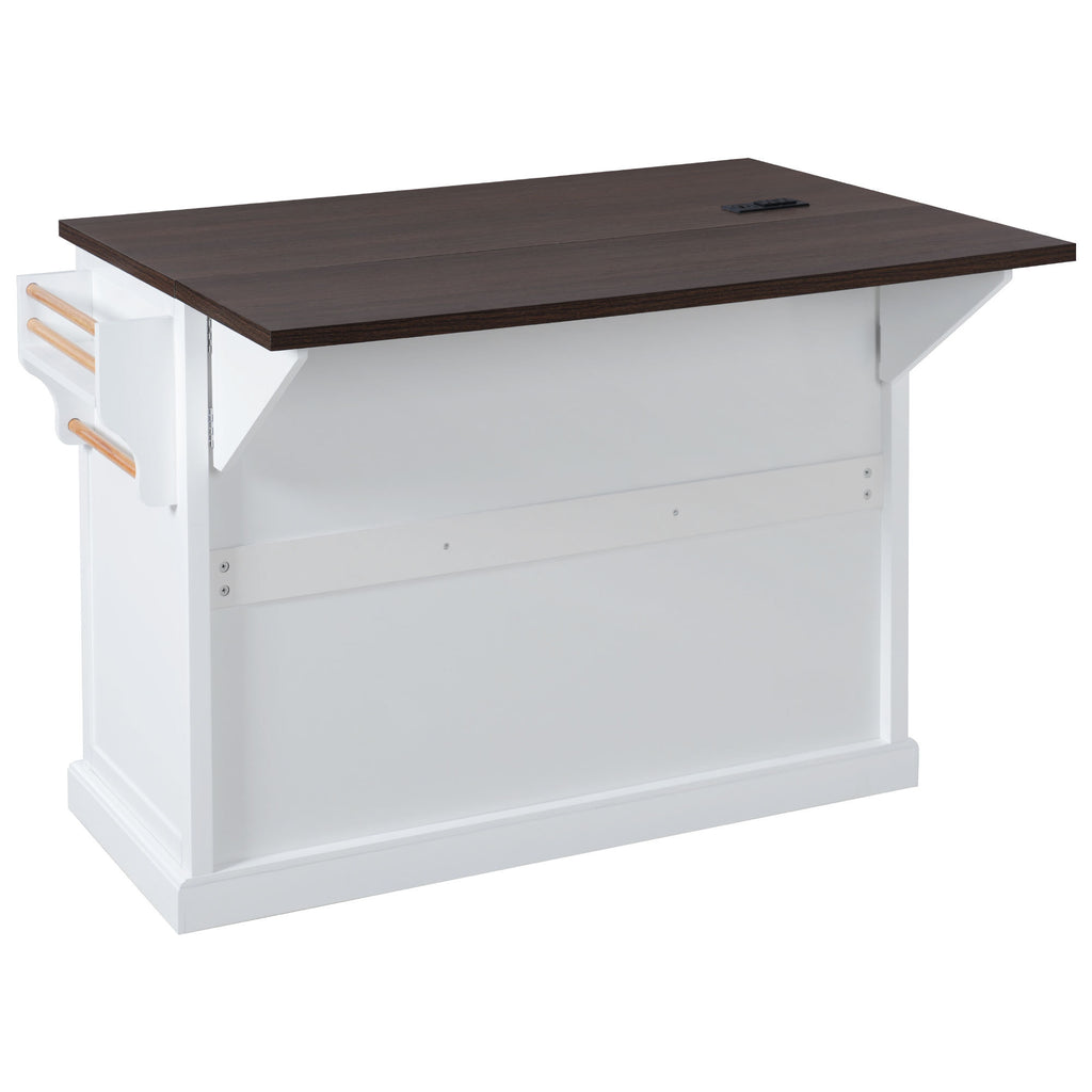 K&K 54.9' Kitchen Island with Drop Leaf, Power Outlet, Kitchen Storage Cart with 4 Door Shelves, Cross Barn Doors & Visual Glass Door, Rolling Kitchen Island on 4 Wheels for Kitchen, Dining Room,White - Grand Goldman Shop
