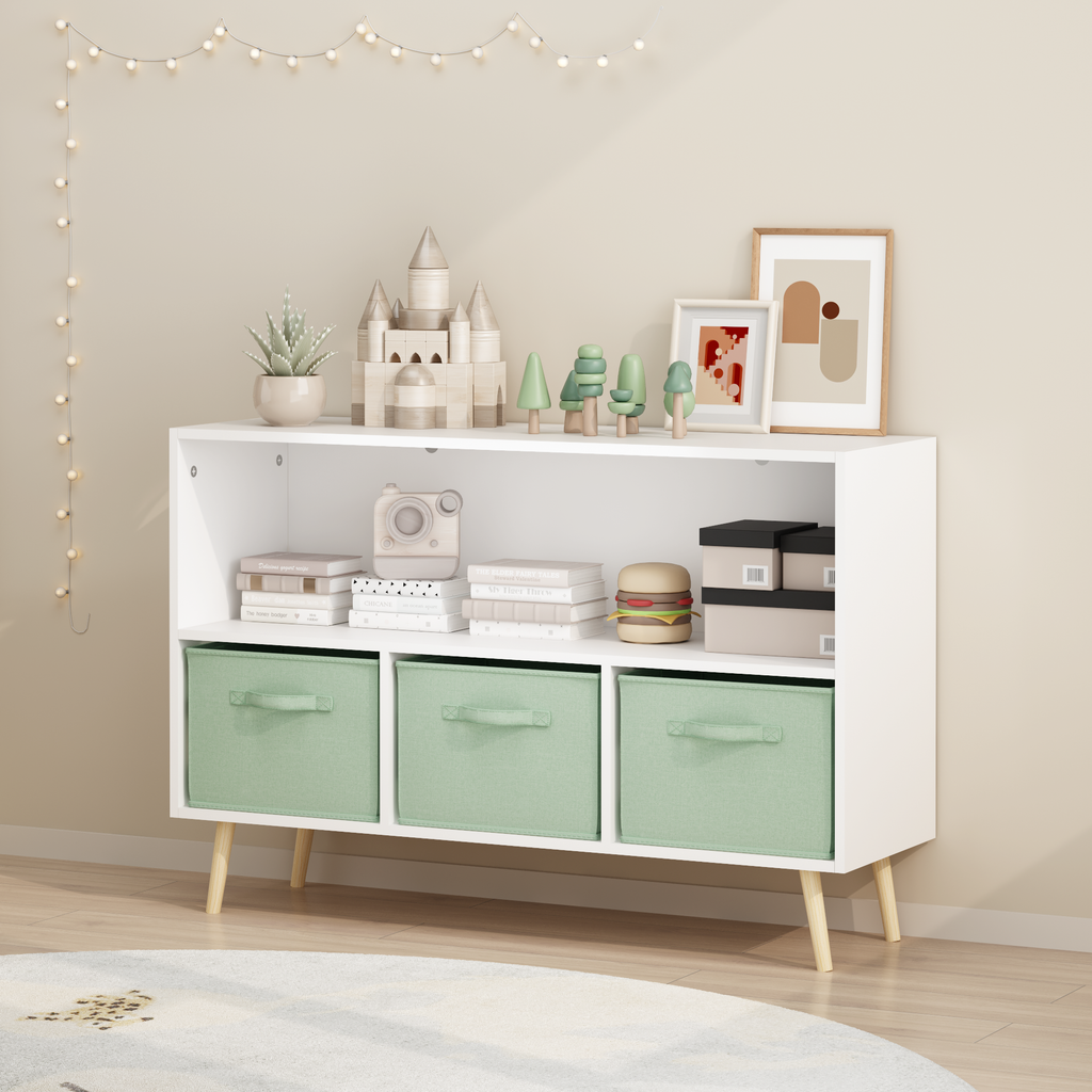 Kids bookcase with Collapsible Fabric Drawers, Children's Book Display, Toy Storage Cabinet Organizer, White/Green | Premium 