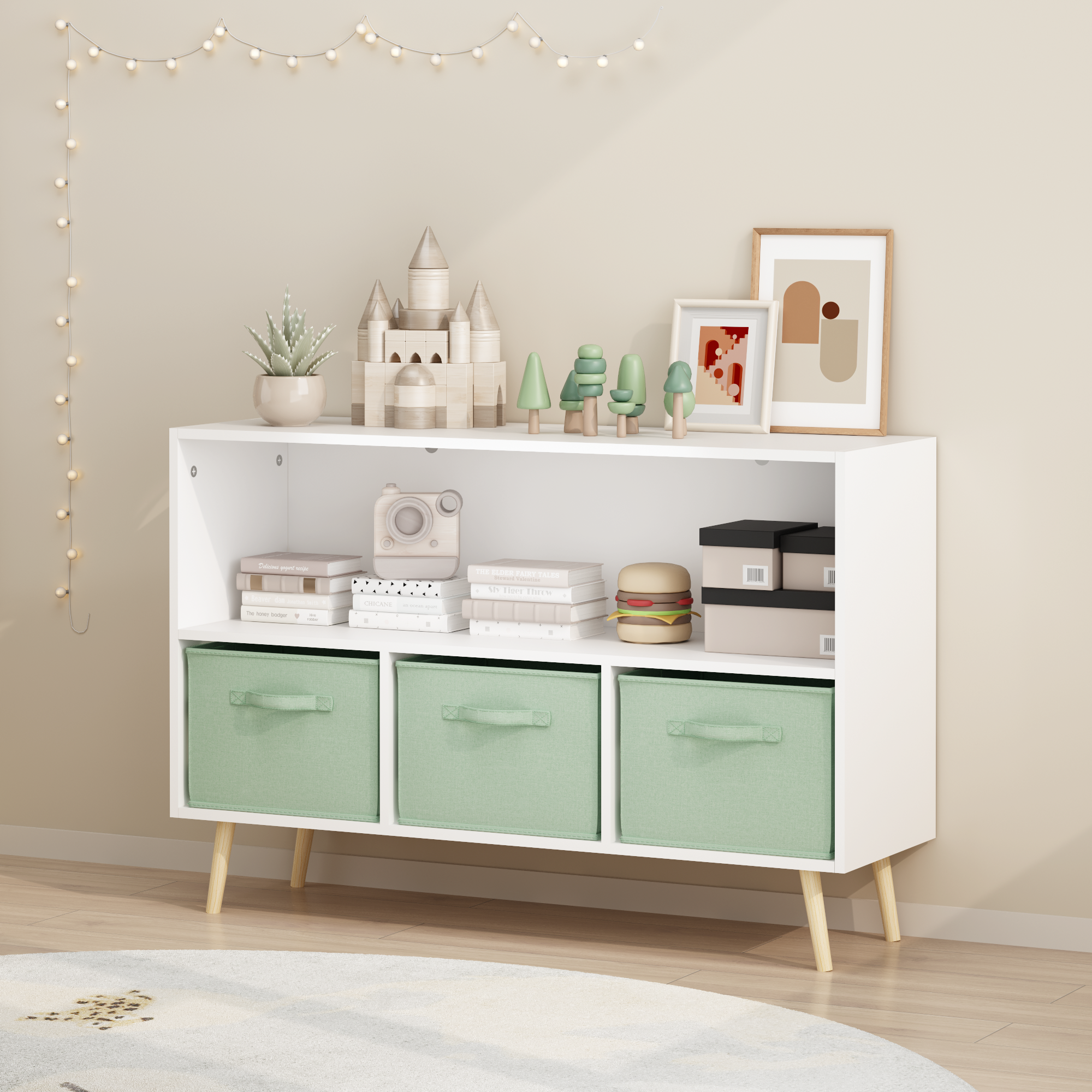 Kids bookcase with Collapsible Fabric Drawers, Children's Book Display, Toy Storage Cabinet Organizer, White/Green | Premium 