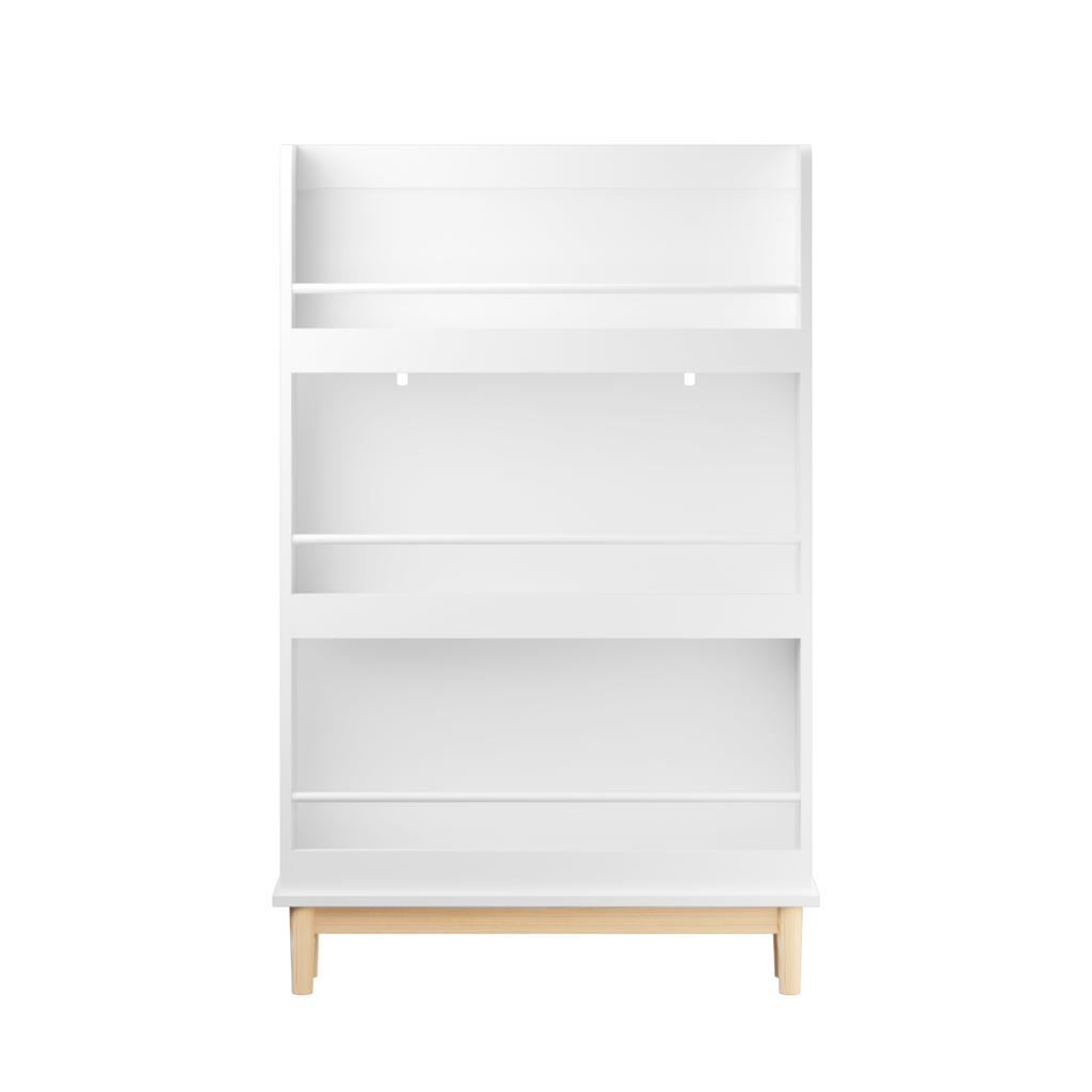 Modern White Wall-Mounted Kids Bookshelf with Natural Wood Base, 3 Front-Facing Display Shelves for Toddler Bedroom, Nursery 