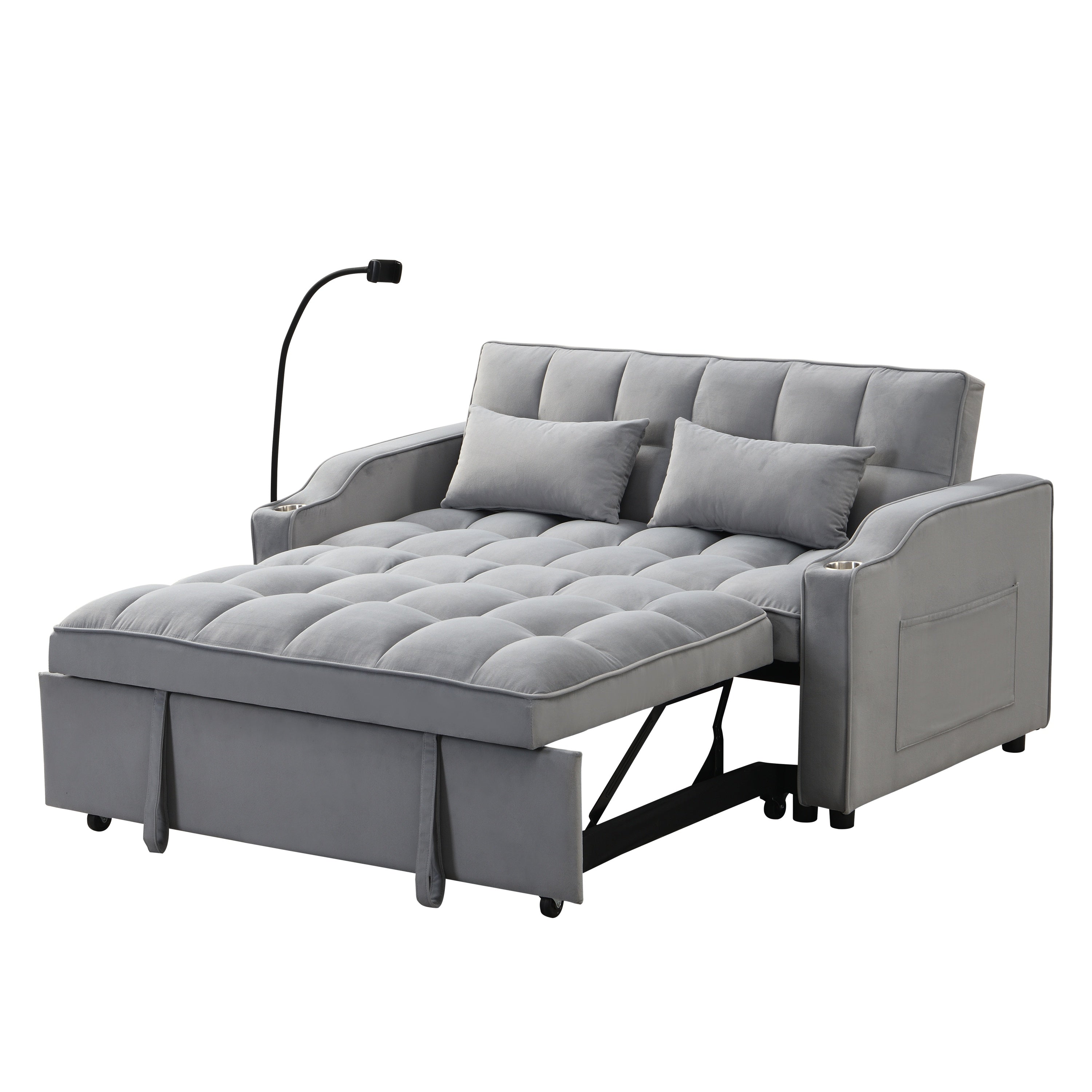 Modern Velvet Loveseat Futon Sofa Couch with Pullout Bed, Adjustable Backrest, Toss Pillows, Light Gray - Grand Goldman Shop