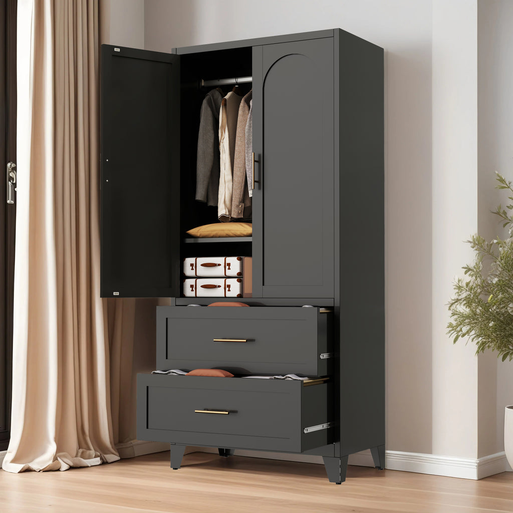 71' Tall Metal Wardrobe Cabinet with 2 Drawers and Hanging Rod, 2 Doors Wardrobe Closet with Shelf for Bedroom, Office, Laundry Room,Entryway ,Foyer,Guesthouse (Black) - Grand Goldman Shop