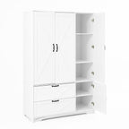 4 Doors Wardrobe Closet with Mirror, LED Wardrobe with Doors and 2 Drawers, Wooden Wardrobe Storage Cabinet with Hanging Rod, Adjustable Shelves, White - Grand Goldman Shop