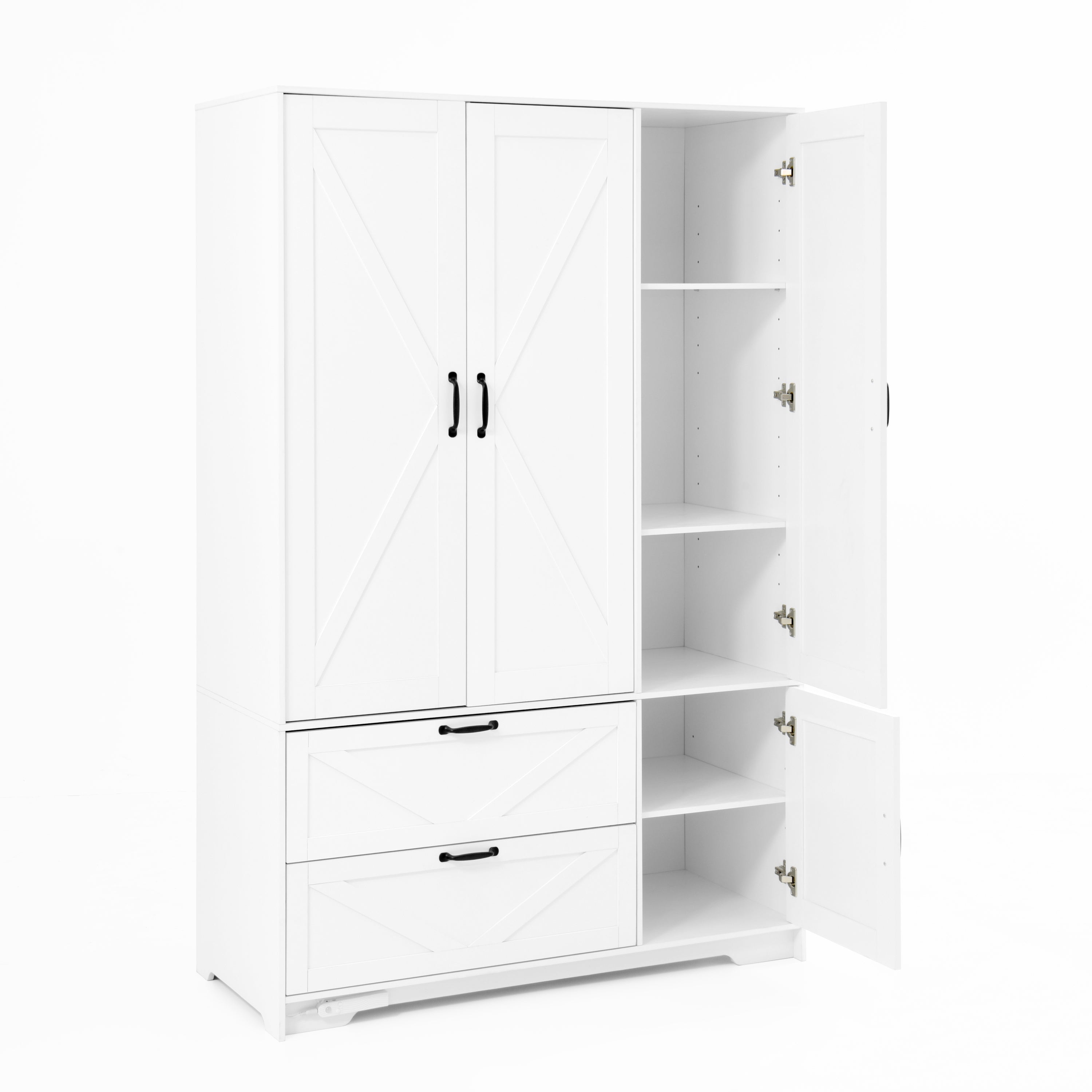 4 Doors Wardrobe Closet with Mirror, LED Wardrobe with Doors and 2 Drawers, Wooden Wardrobe Storage Cabinet with Hanging Rod, Adjustable Shelves, White - Grand Goldman Shop