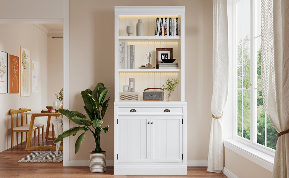83.4'Tall Bookshelf with 3 pieces LED Lighting, Modern Bookcase with 2 Doors and 1 Drawer,Storage Bookcase with Open Shelves for Living Room,Home Office,White - Grand Goldman Shop