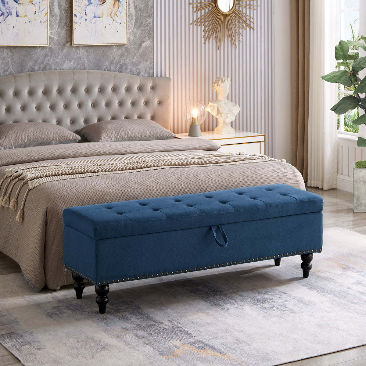59' Bed Bench with Storage  Blue Fabric - Grand Goldman Shop
