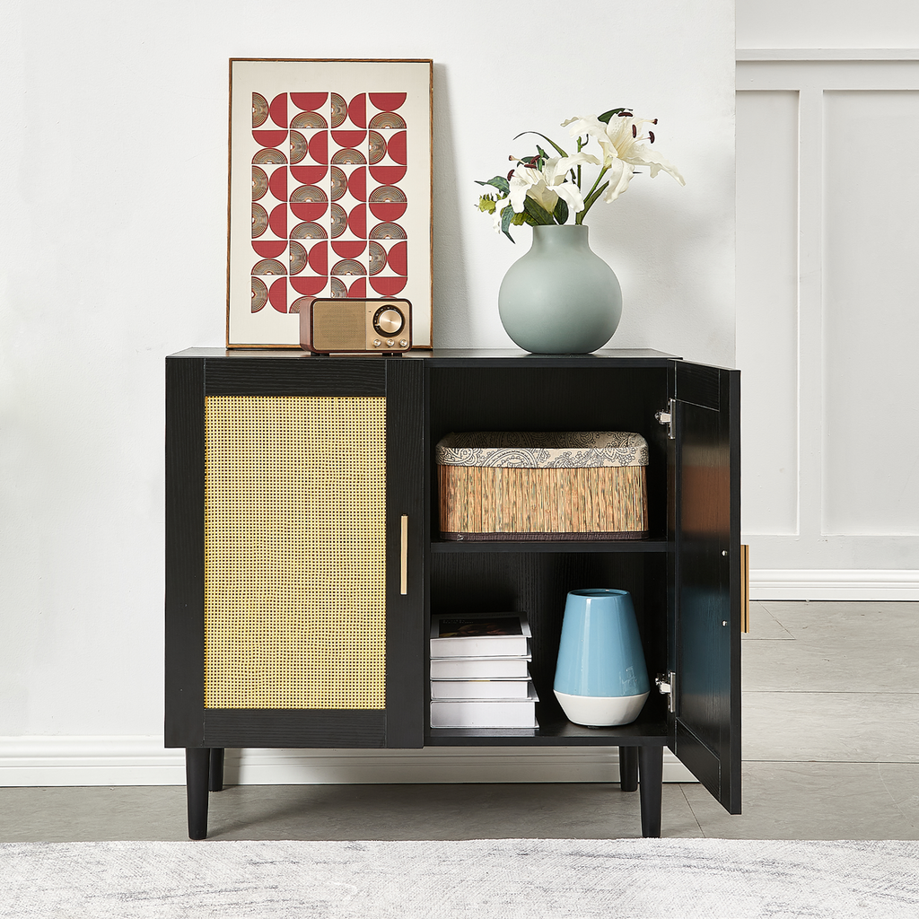 Side panel buffet cabinet with natural rattan door, rattan storage cabinet with adjustable shelves, side panel and buffet with storage space, modern console cabinet in bedroom and living room - Grand Goldman Shop
