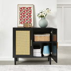 Side panel buffet cabinet with natural rattan door, rattan storage cabinet with adjustable shelves, side panel and buffet with storage space, modern console cabinet in bedroom and living room - Grand Goldman Shop