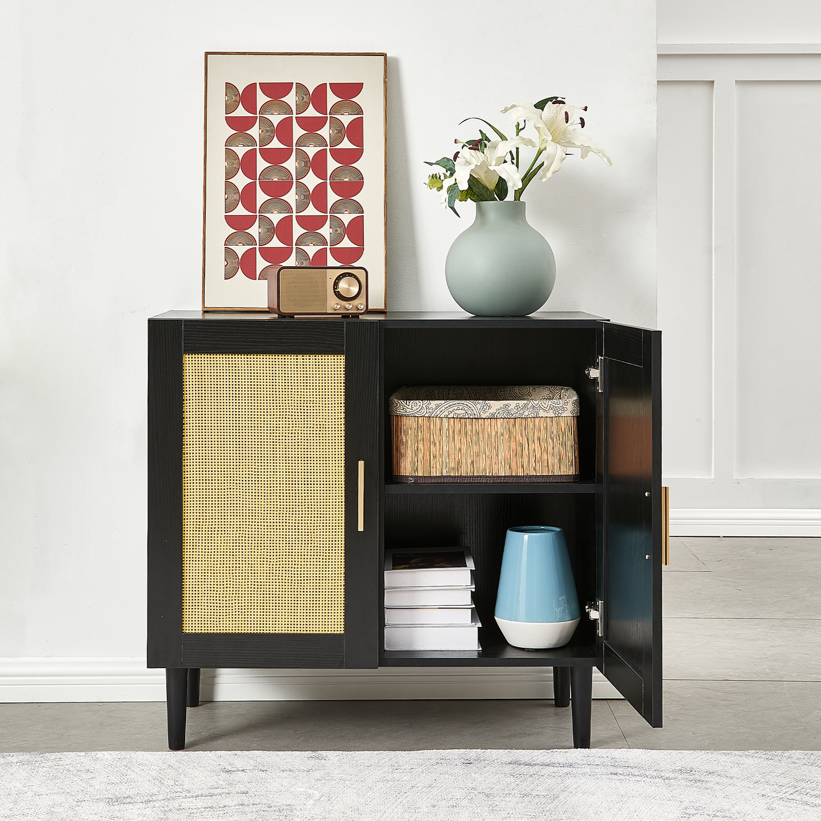 Side panel buffet cabinet with natural rattan door, rattan storage cabinet with adjustable shelves, side panel and buffet with storage space, modern console cabinet in bedroom and living room - Grand Goldman Shop