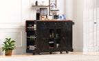 K&K 53'' Farmhouse Kitchen Island with Two Tempered Glass Cabinet Doors, Power Outlet, Rolling Kitchen Cart on Wheels with Drop Leaf, 5 Open Side Racks, 3 Drawers, for Kitchen, Dining Room, Black - Grand Goldman Shop