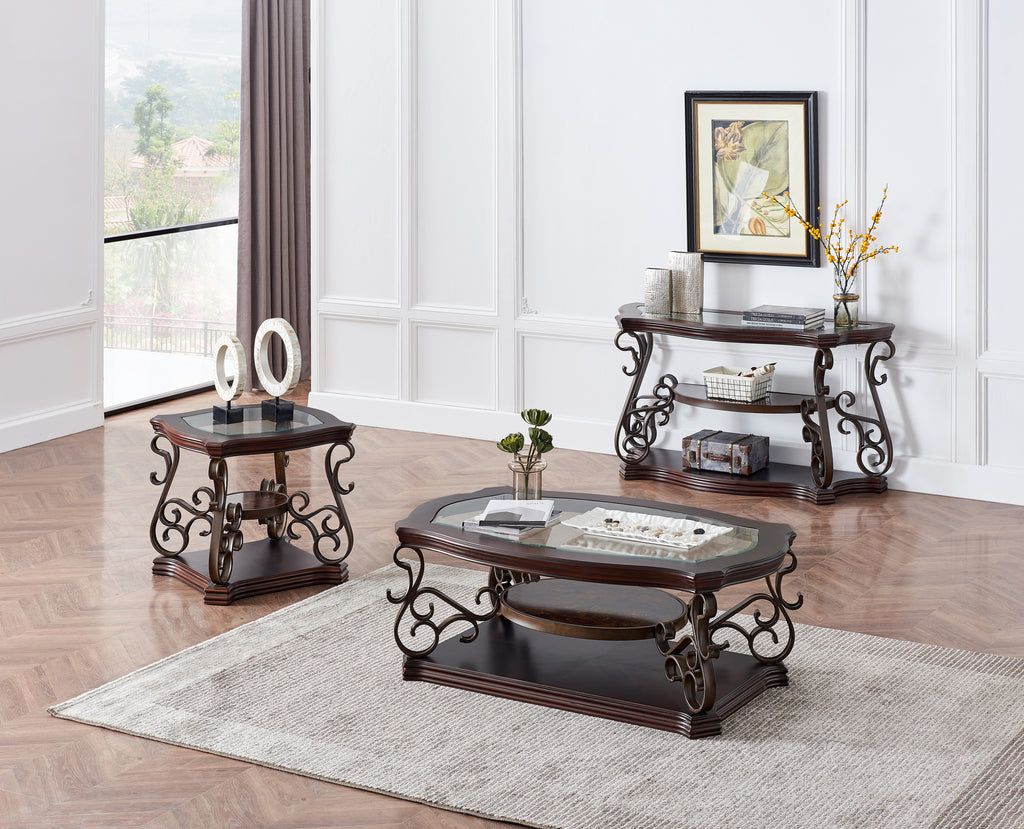 Sofa Table, Glass table top, MDF W/marble paper middle shelf, powder coat finish metal legs. (54'Lx20'Wx30'H) - Grand Goldman Shop