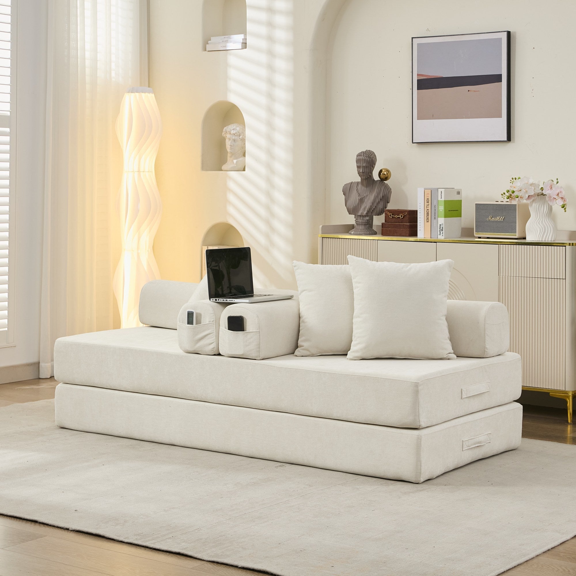 Comfy Convertible Folding Mattress Couch, Floor Sofa Bed, Chenille Floor Sofa with Armrest, Floor Sofa Lounge Couch for Living Room Bedroom Lounge Studio-Beige - Grand Goldman Shop