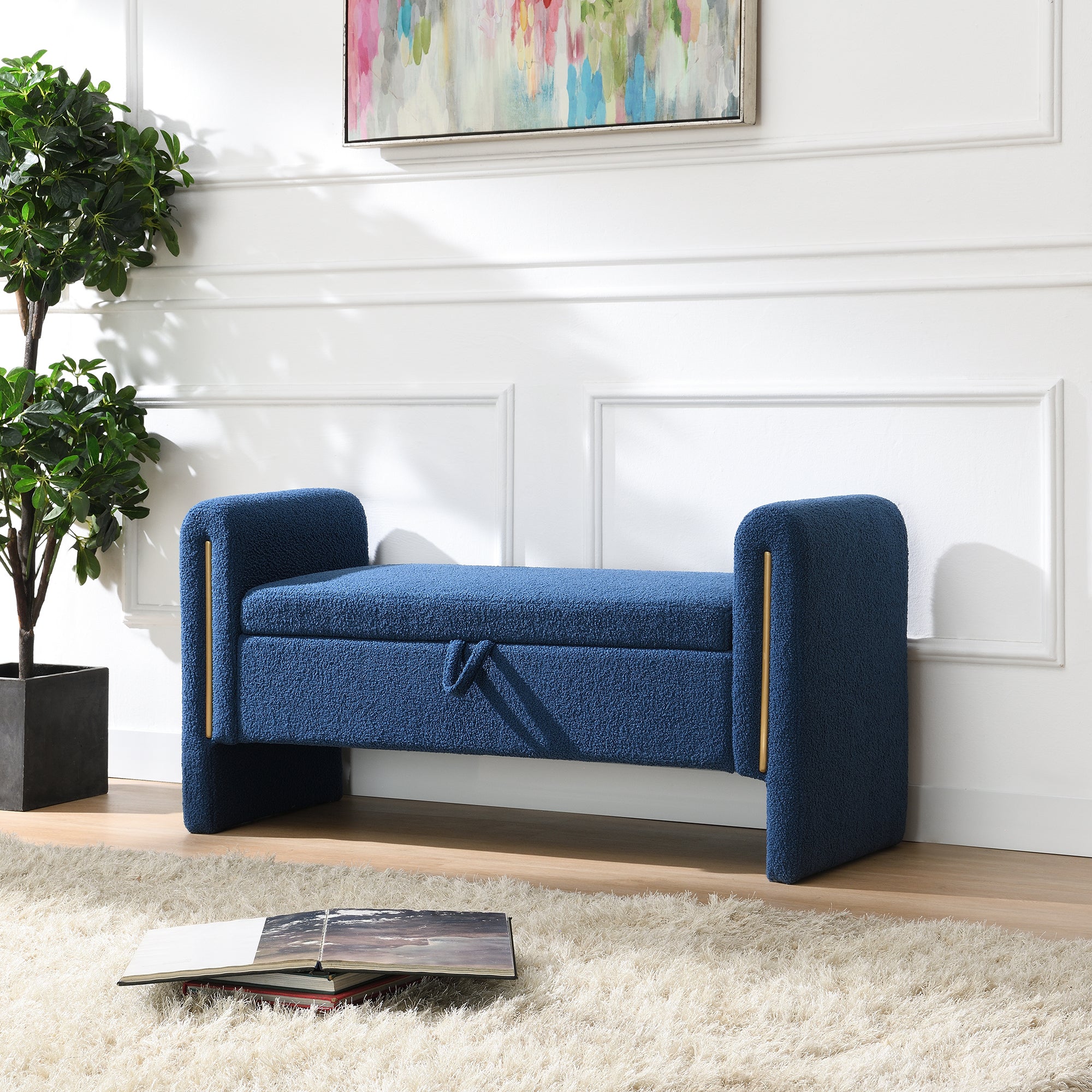 Modern Teddy Bed End Bench with Arms and Storage, Upholstered Large Foot Rest Stool in Navy Blue, Comfy Window Vanity Bench for Living Room, Bedroom, Dorm, Coffee Table - Grand Goldman Shop