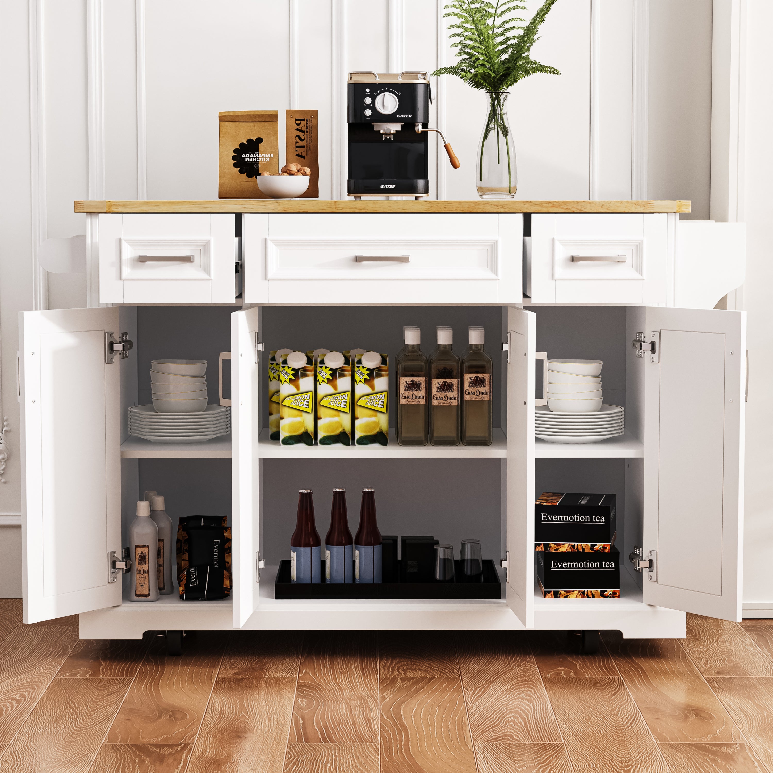 K&K 54inch Large Kitchen Island with Rubber Wood Drop Leaf, Embossed Texture Rolling Kitchen Cart on 4 Wheels with 4 Doors and 3 Drawers, Kitchen Island with Storage for Kitchen, Dining Room,White - Grand Goldman Shop