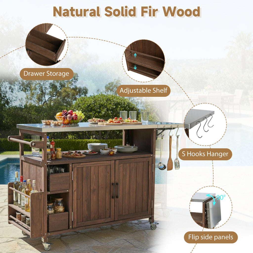 54.33' Farmhouse Rolling Outdoor Kitchen Cart, Solid Wood Frame with Stainless Steel Top, Spice Rack, Towel Rack, Lockable Wheels & Multi-Functional Storage for Patio, Backyard BBQ & Kitchen - Grand Goldman Shop