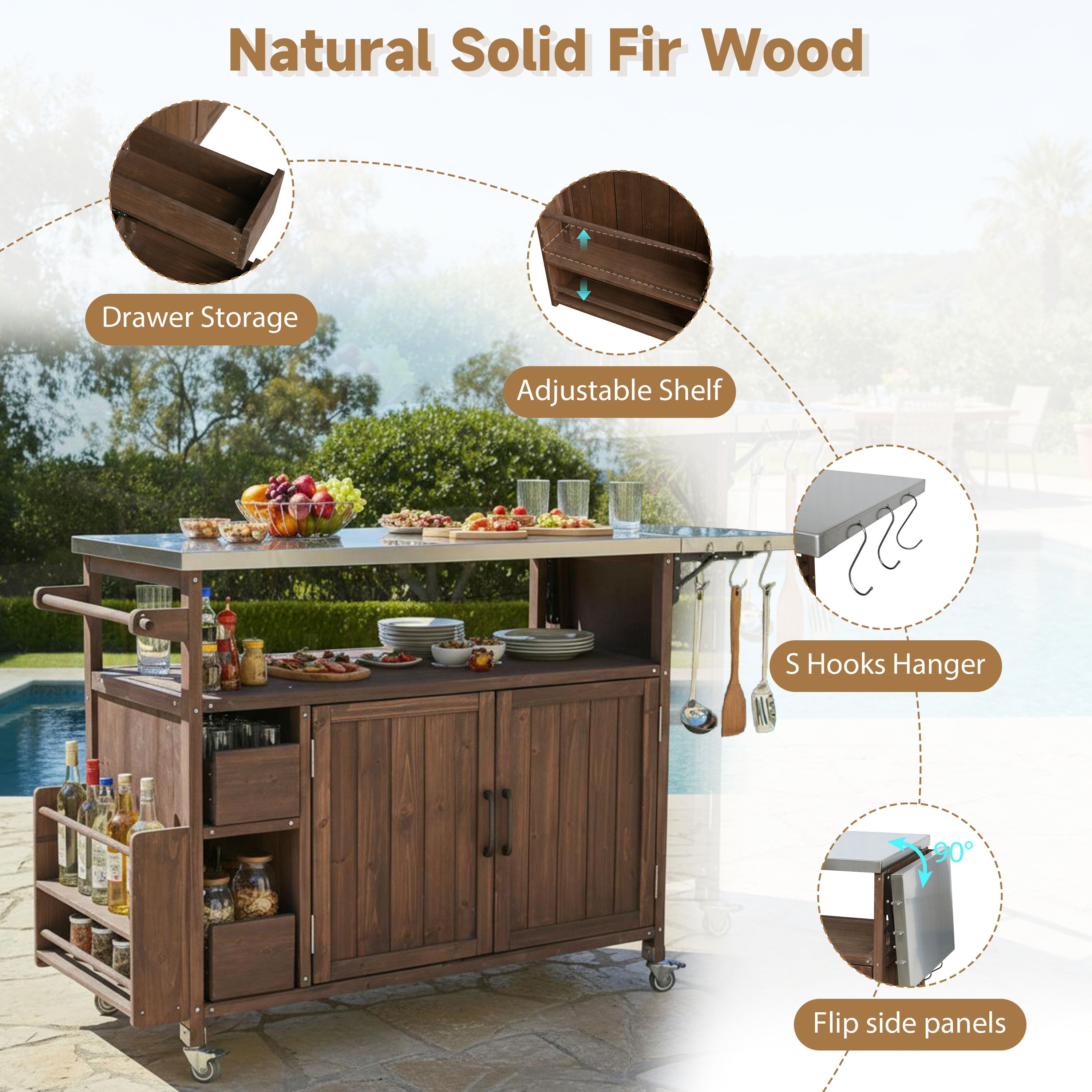 54.33' Farmhouse Rolling Outdoor Kitchen Cart, Solid Wood Frame with Stainless Steel Top, Spice Rack, Towel Rack, Lockable Wheels & Multi-Functional Storage for Patio, Backyard BBQ & Kitchen - Grand Goldman Shop