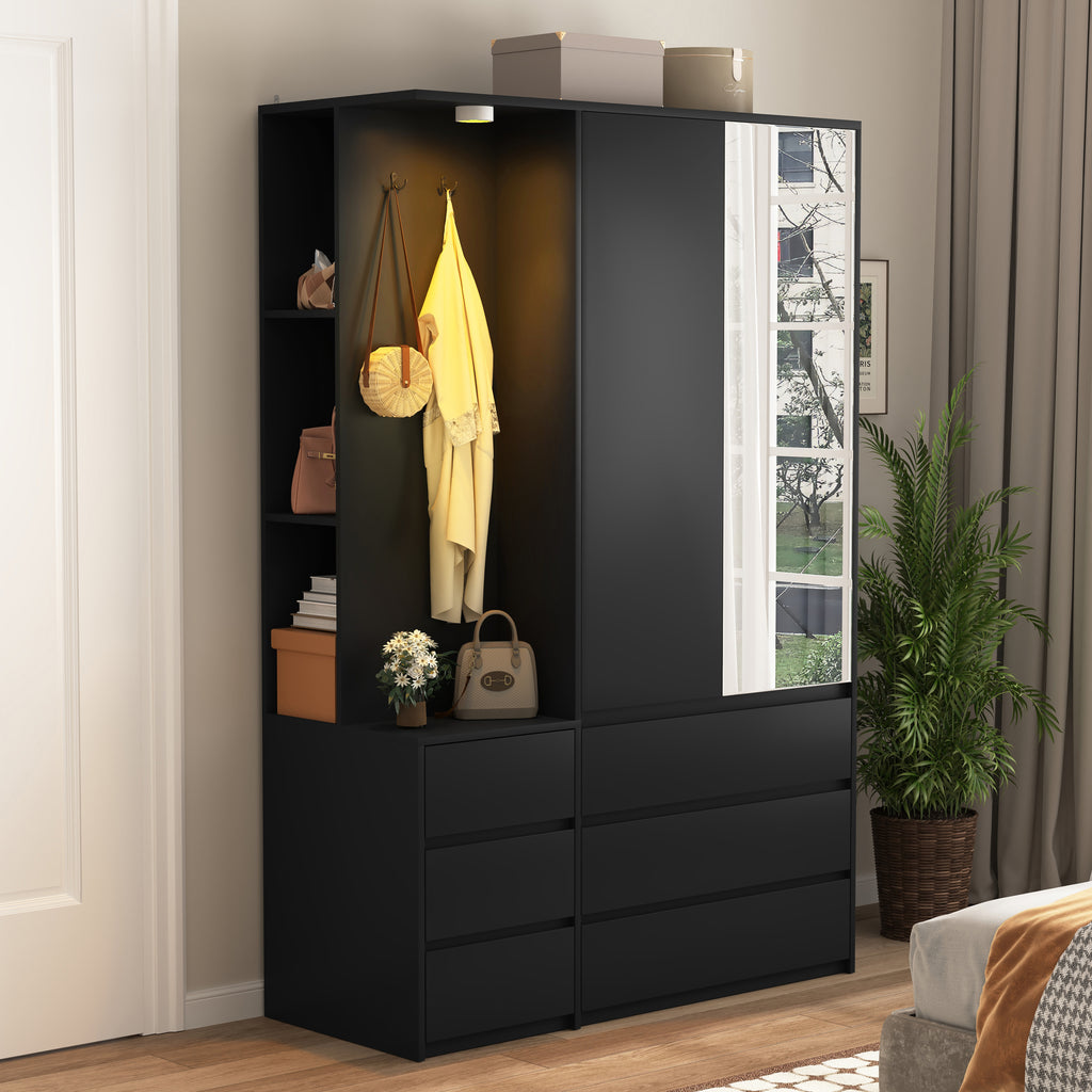 Wardrobe Closet 71.7' H, Bedroom Wooden Wardrobe with 2 Doors 6 Drawers, Modern Clothing Storage Cabinet Combination with Storage Shelves and Hanging Rail, Black - Grand Goldman Shop