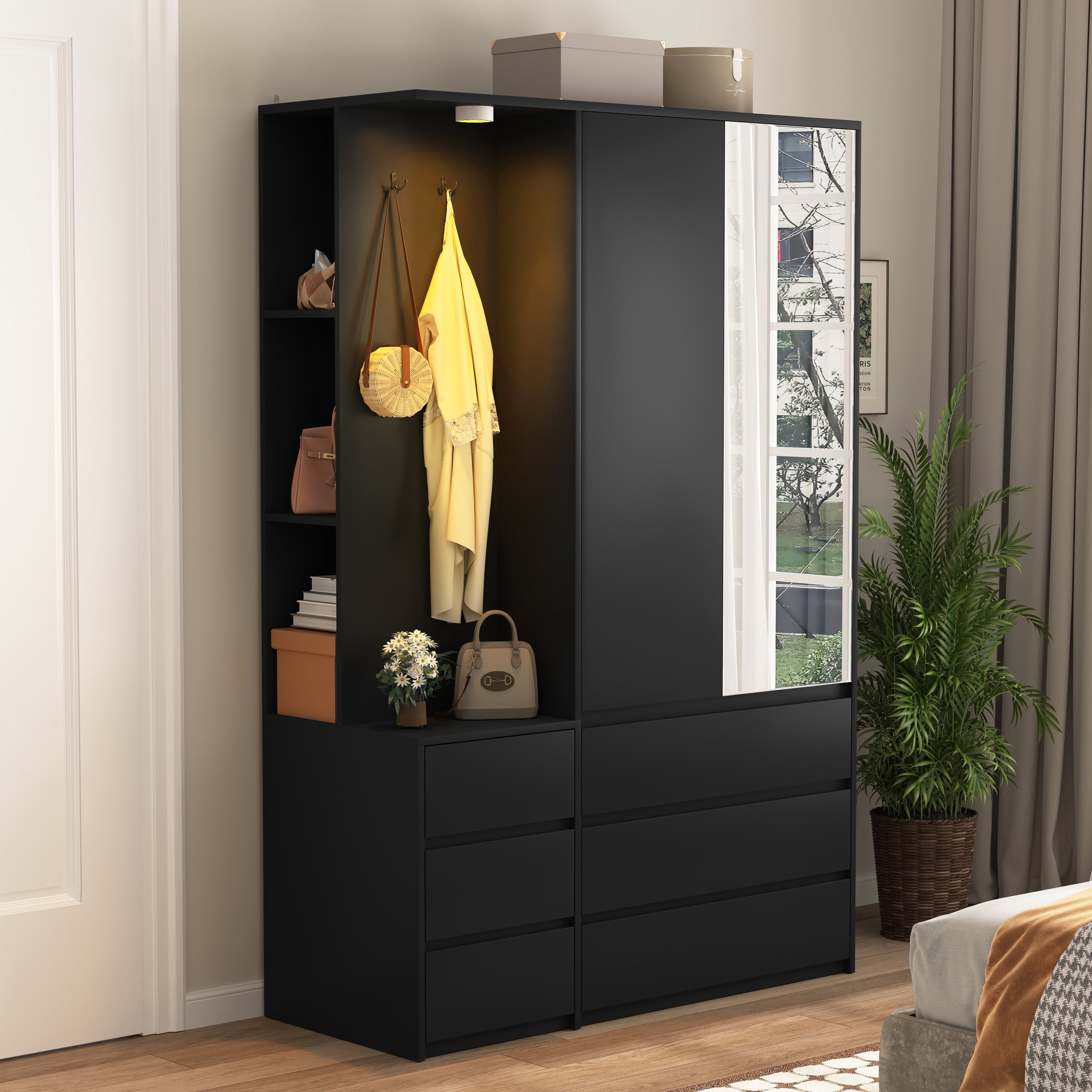 Wardrobe Closet 71.7' H, Bedroom Wooden Wardrobe with 2 Doors 6 Drawers, Modern Clothing Storage Cabinet Combination with Storage Shelves and Hanging Rail, Black - Grand Goldman Shop