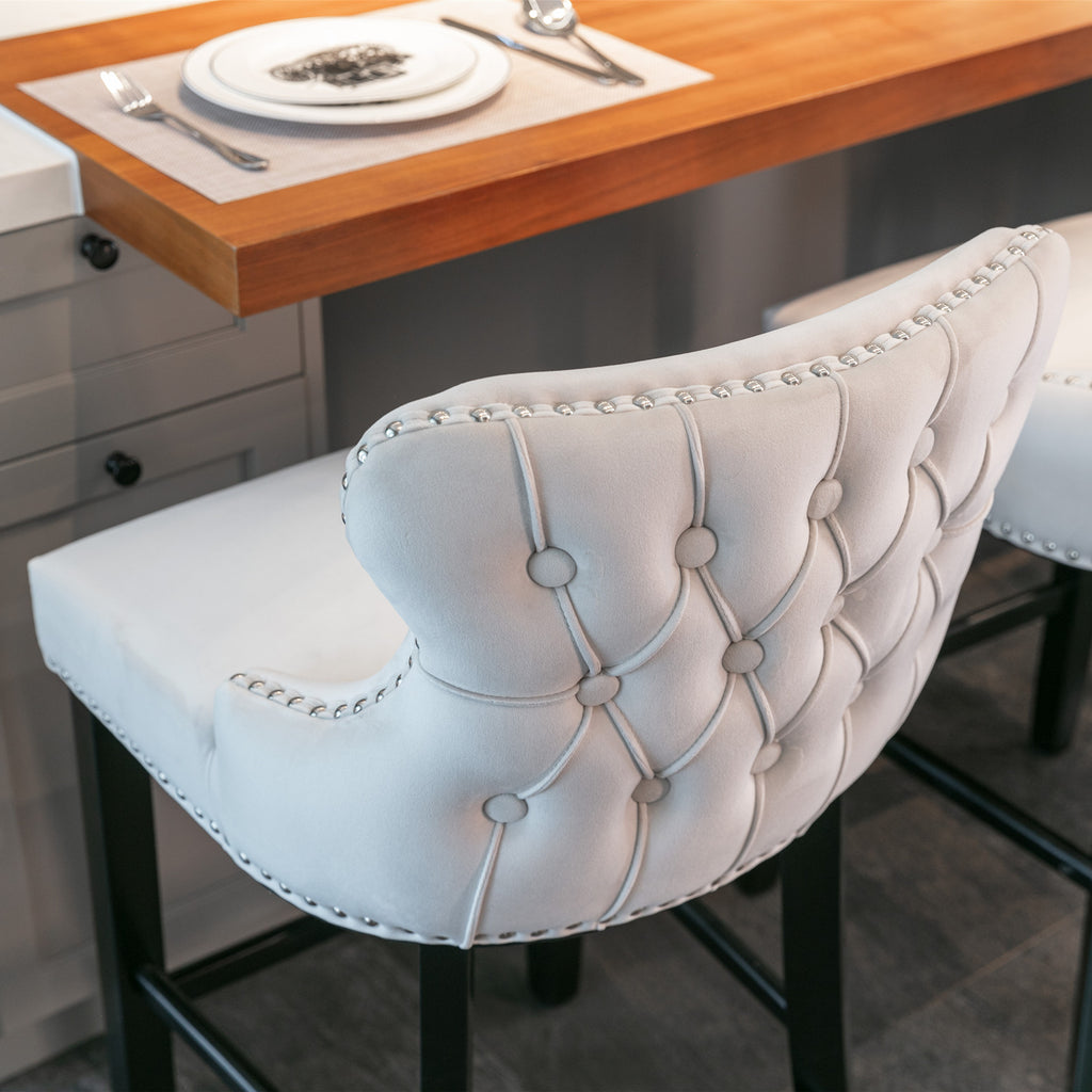 A&A Furniture,Contemporary Velvet Upholstered Wing-Back Barstools with Button Tufted Decoration and Wooden Legs, and Chrome Nailhead Trim, Leisure Style Bar Chairs,Bar stools, Set of 2 (Beige),SW1824B - Grand Goldman Shop