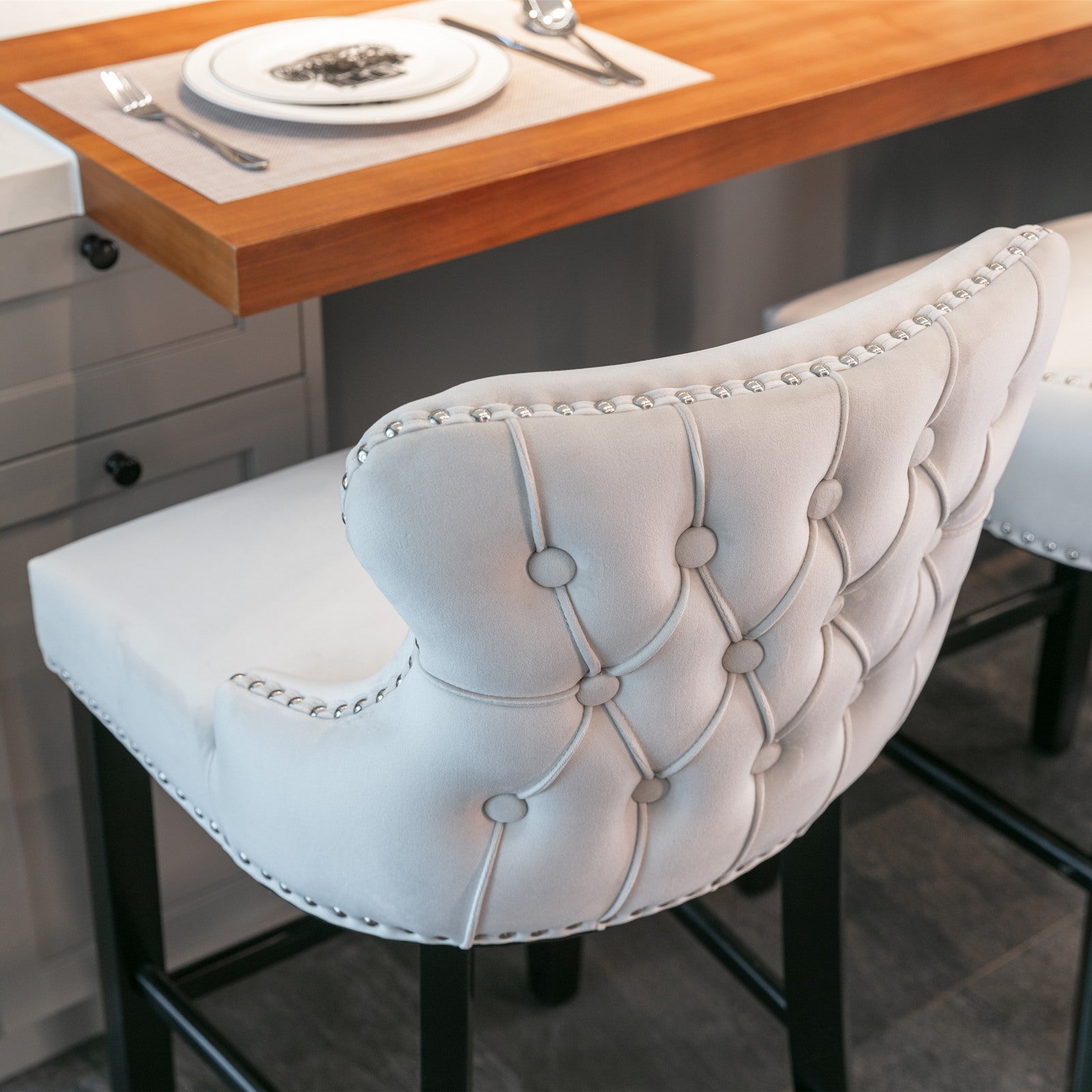 A&A Furniture,Contemporary Velvet Upholstered Wing-Back Barstools with Button Tufted Decoration and Wooden Legs, and Chrome Nailhead Trim, Leisure Style Bar Chairs,Bar stools, Set of 2 (Beige),SW1824B - Grand Goldman Shop